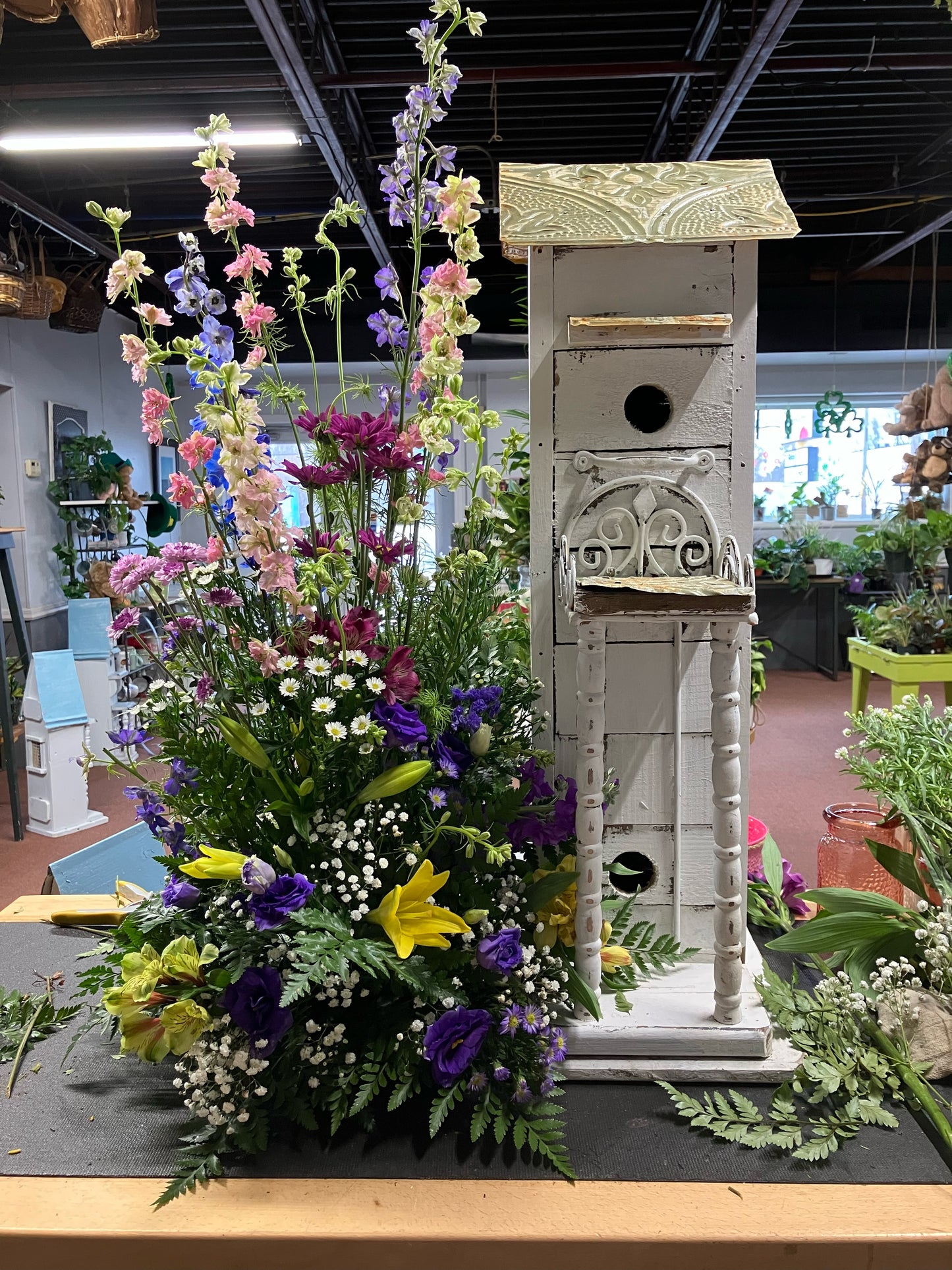 Birdhouse and Fresh Flower Arrangement - Large – White Lilies N Paradise, Kokomo IN