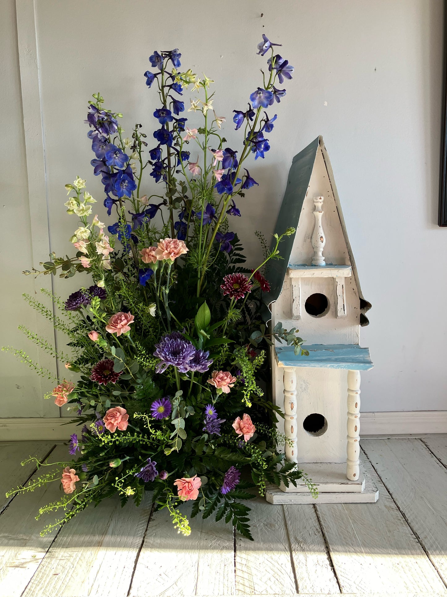 Birdhouse and Fresh Flower Arrangement - Small – White Lilies N Paradise, Kokomo IN