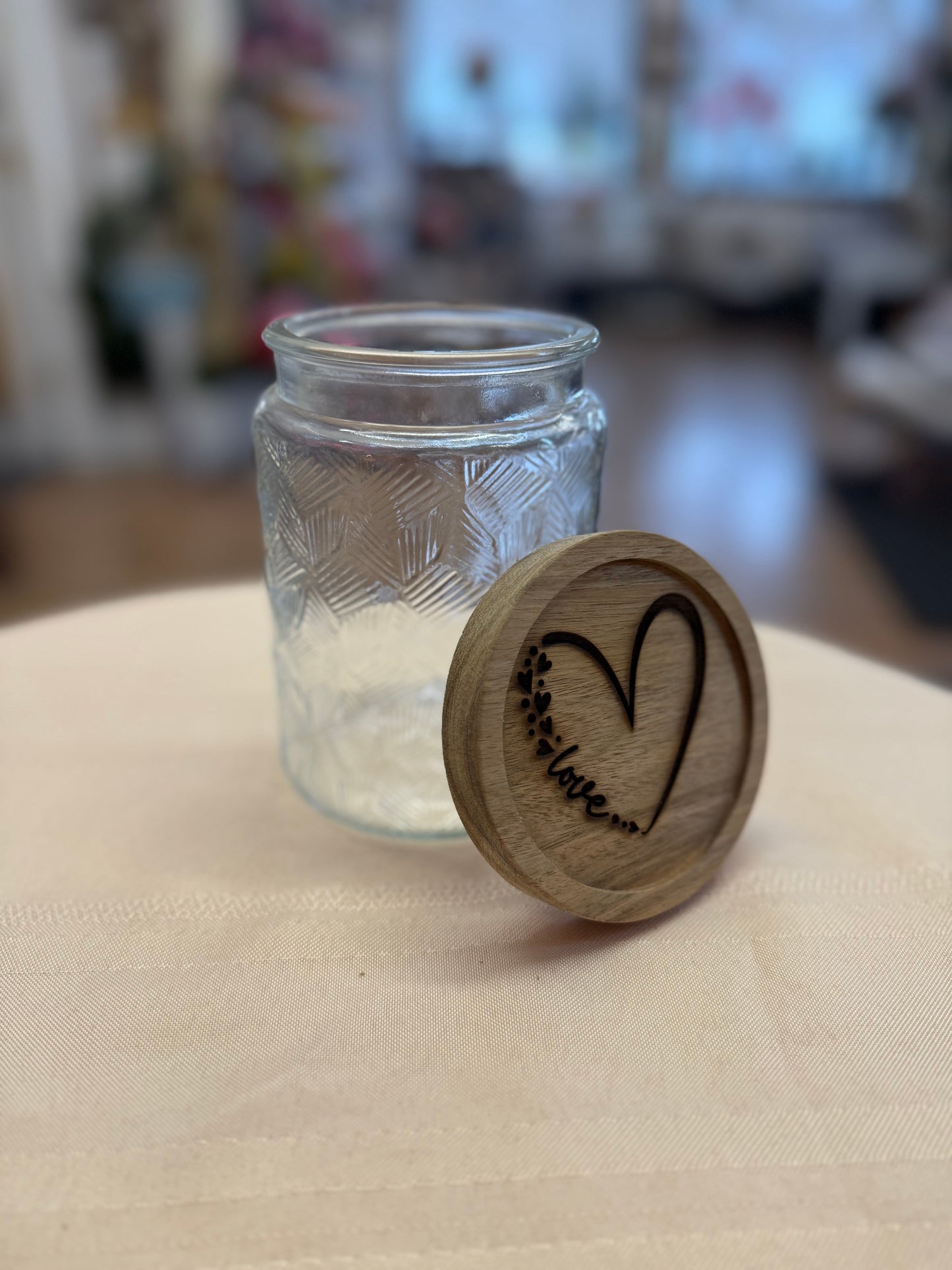 Modern Clear Keepsake Jar + Customized Wood Engraved Lid (replaces vase shown)