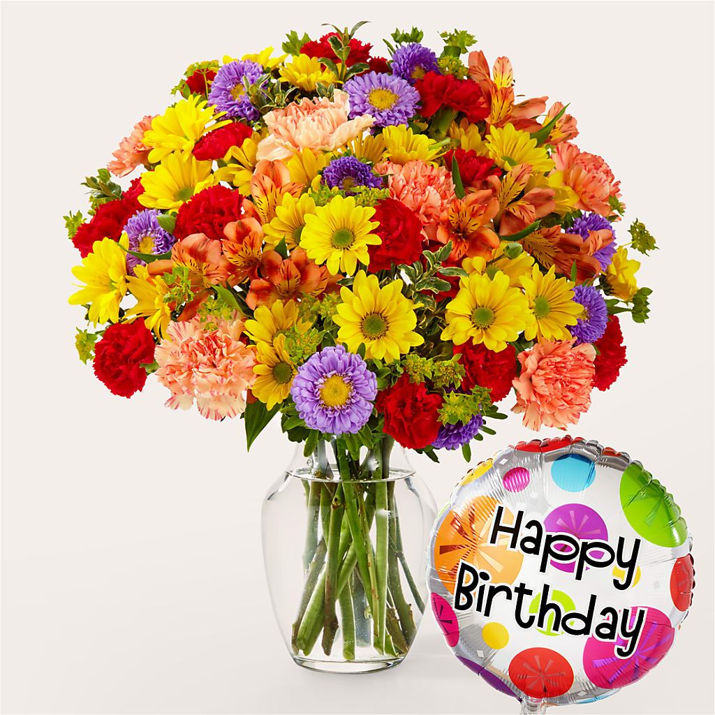 Kaleidoscope Bouquet with Birthday Balloon – White Lilies N Paradise, Kokomo IN