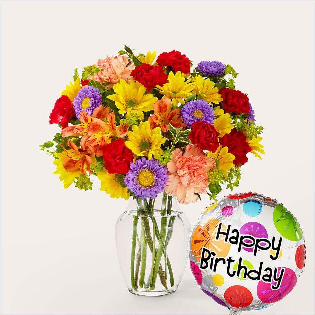 Kaleidoscope Bouquet with Birthday Balloon – White Lilies N Paradise, Kokomo IN