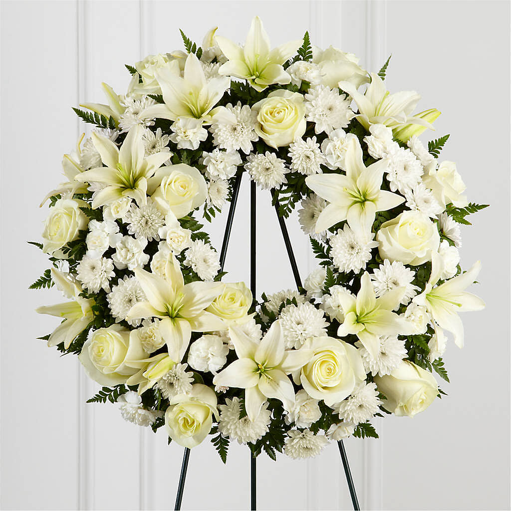 Treasured Tribute Wreath – White Lilies N Paradise, Kokomo IN