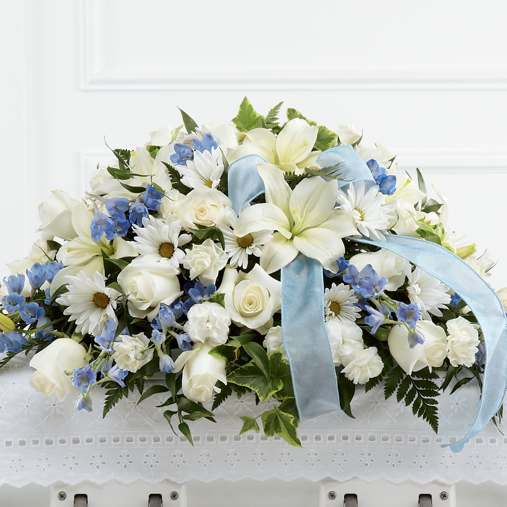 Tender Treasure Casket Spray – White Lilies N Paradise, Kokomo IN