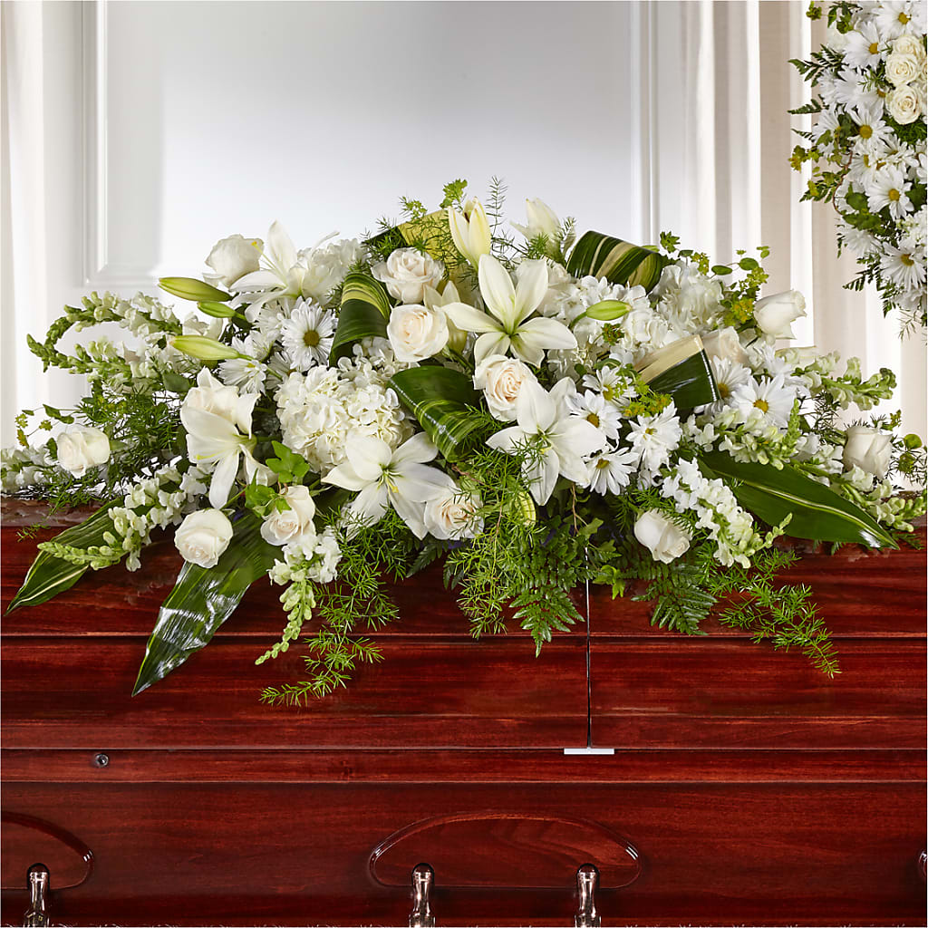 Abundance Casket Spray – White Lilies N Paradise, Kokomo IN