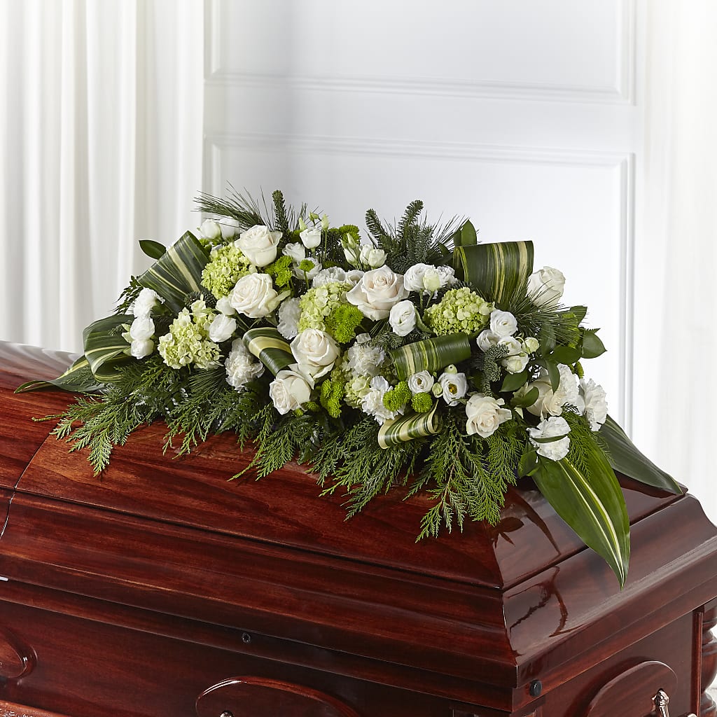 Hopeful Gesture Casket Spray – White Lilies N Paradise, Kokomo IN