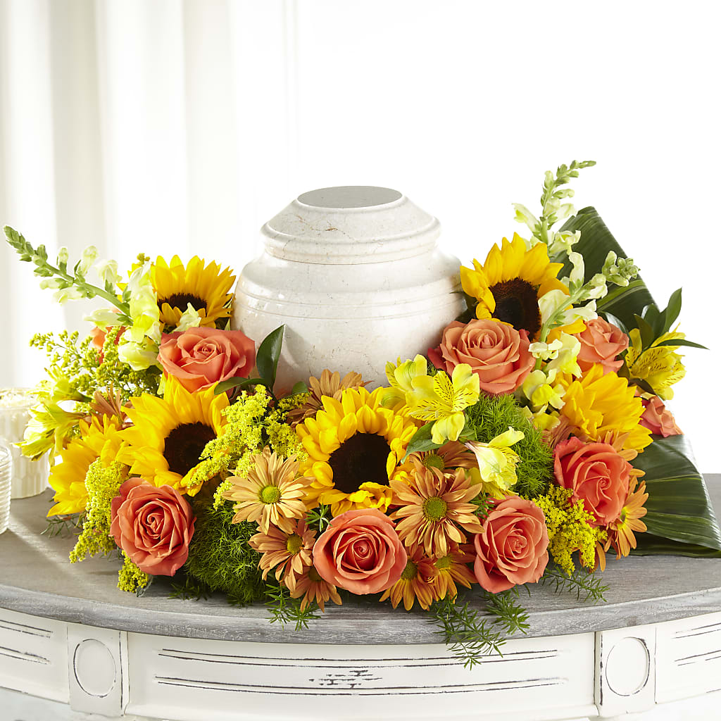 Faithful Sunflower Cremation Adornment – White Lilies N Paradise, Kokomo IN