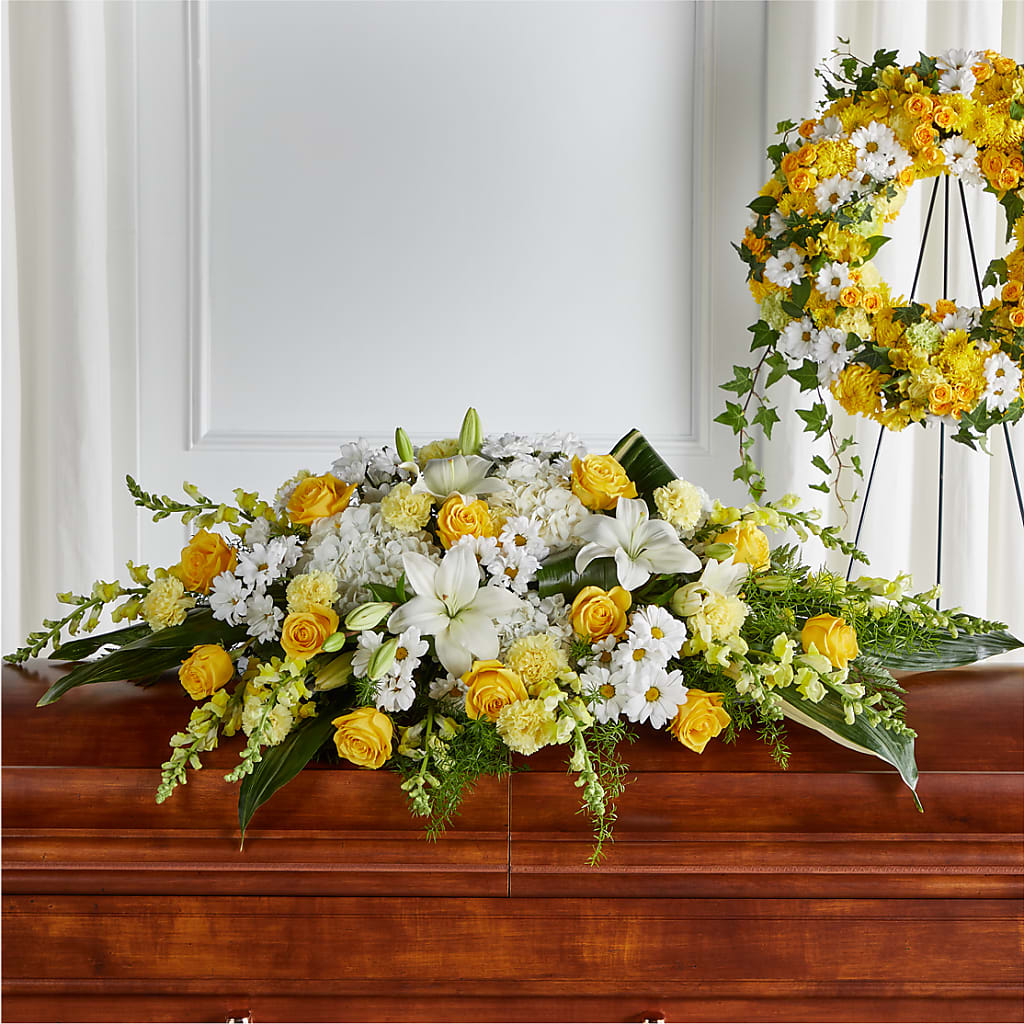 Golden Harmony Casket Spray – White Lilies N Paradise, Kokomo IN