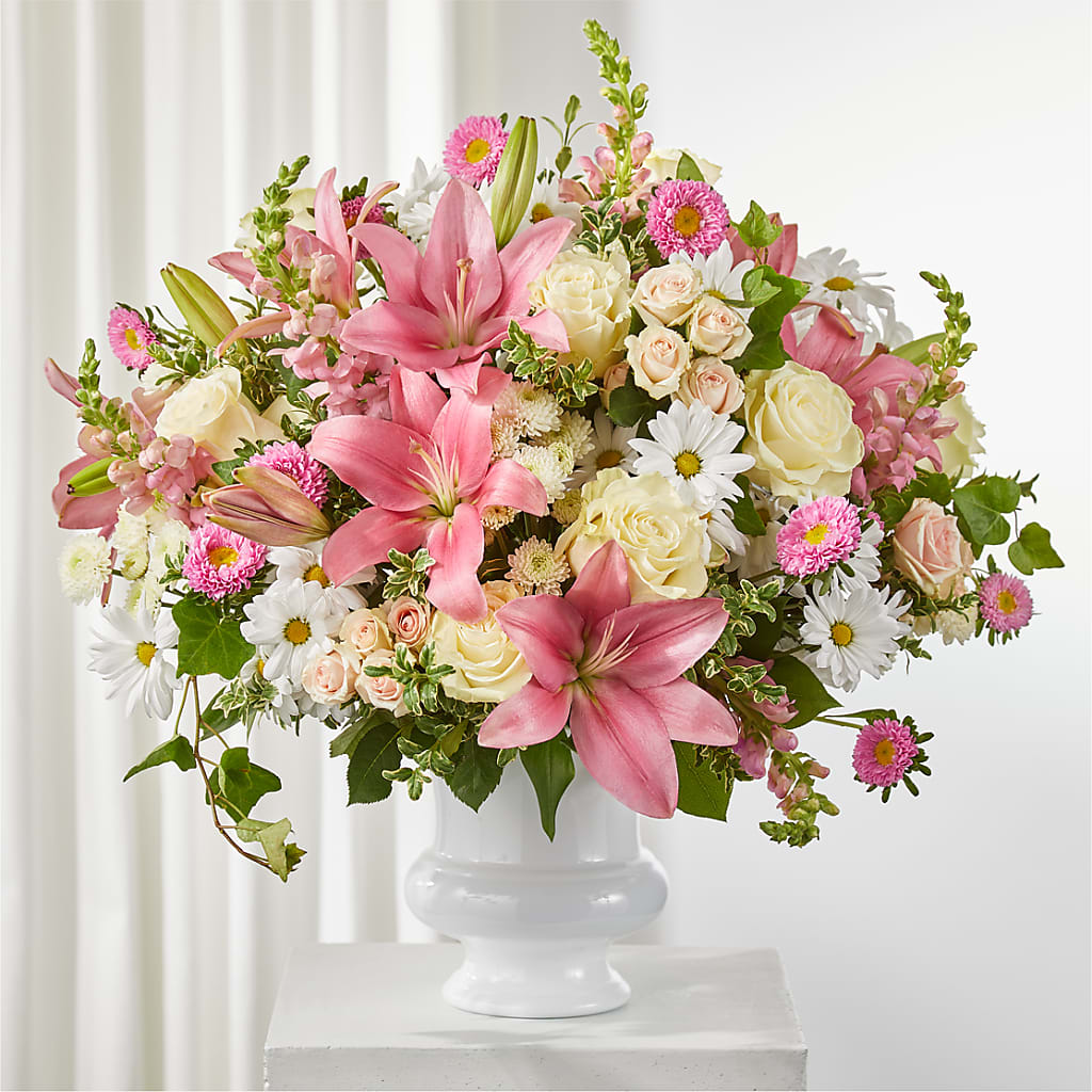 Empathetic Blooms Urn Arrangement – White Lilies N Paradise, Kokomo IN
