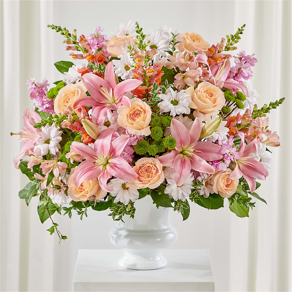 Heartfelt Gesture Urn Arrangement – White Lilies N Paradise, Kokomo IN
