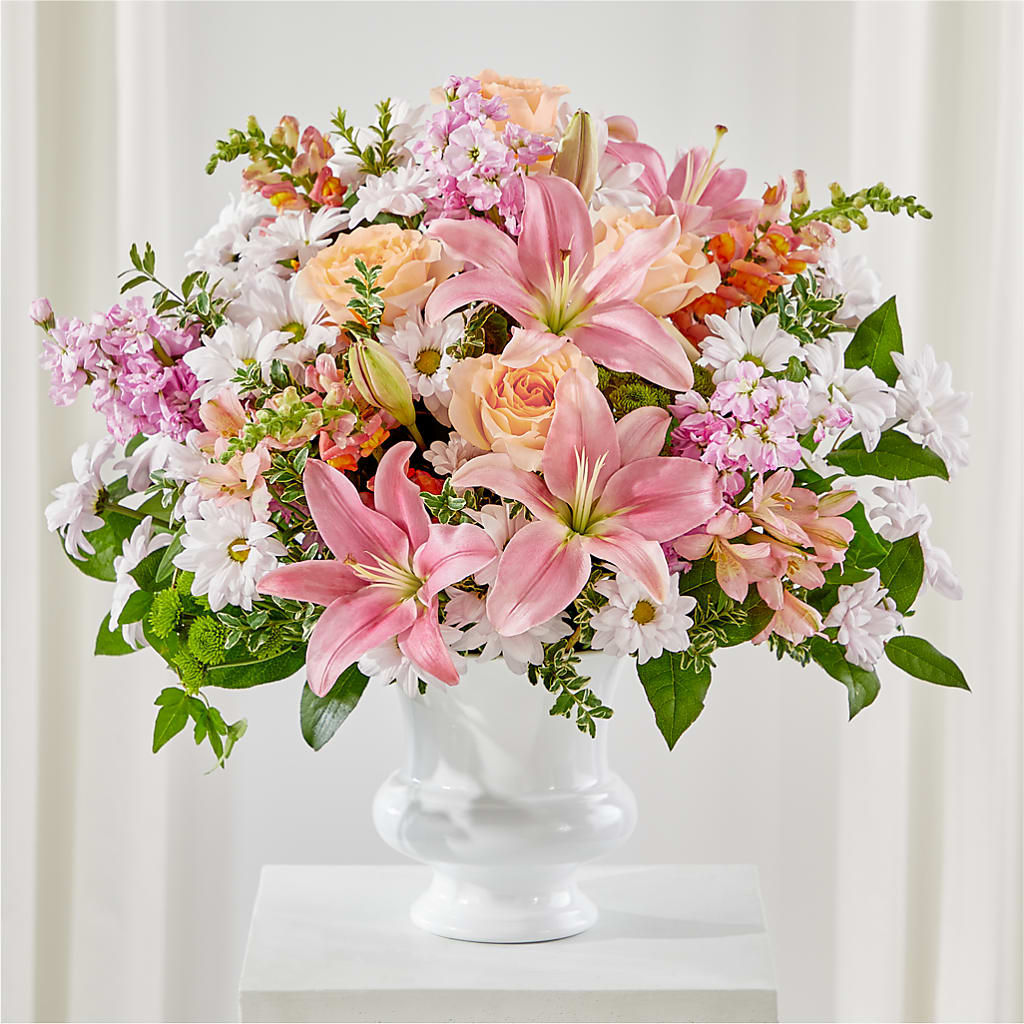 Heartfelt Gesture Urn Arrangement – White Lilies N Paradise, Kokomo IN