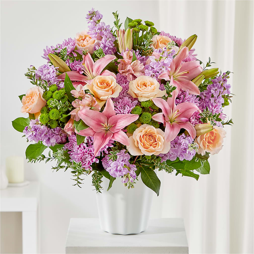 Supportive Embrace Tabletop Basket – White Lilies N Paradise, Kokomo IN