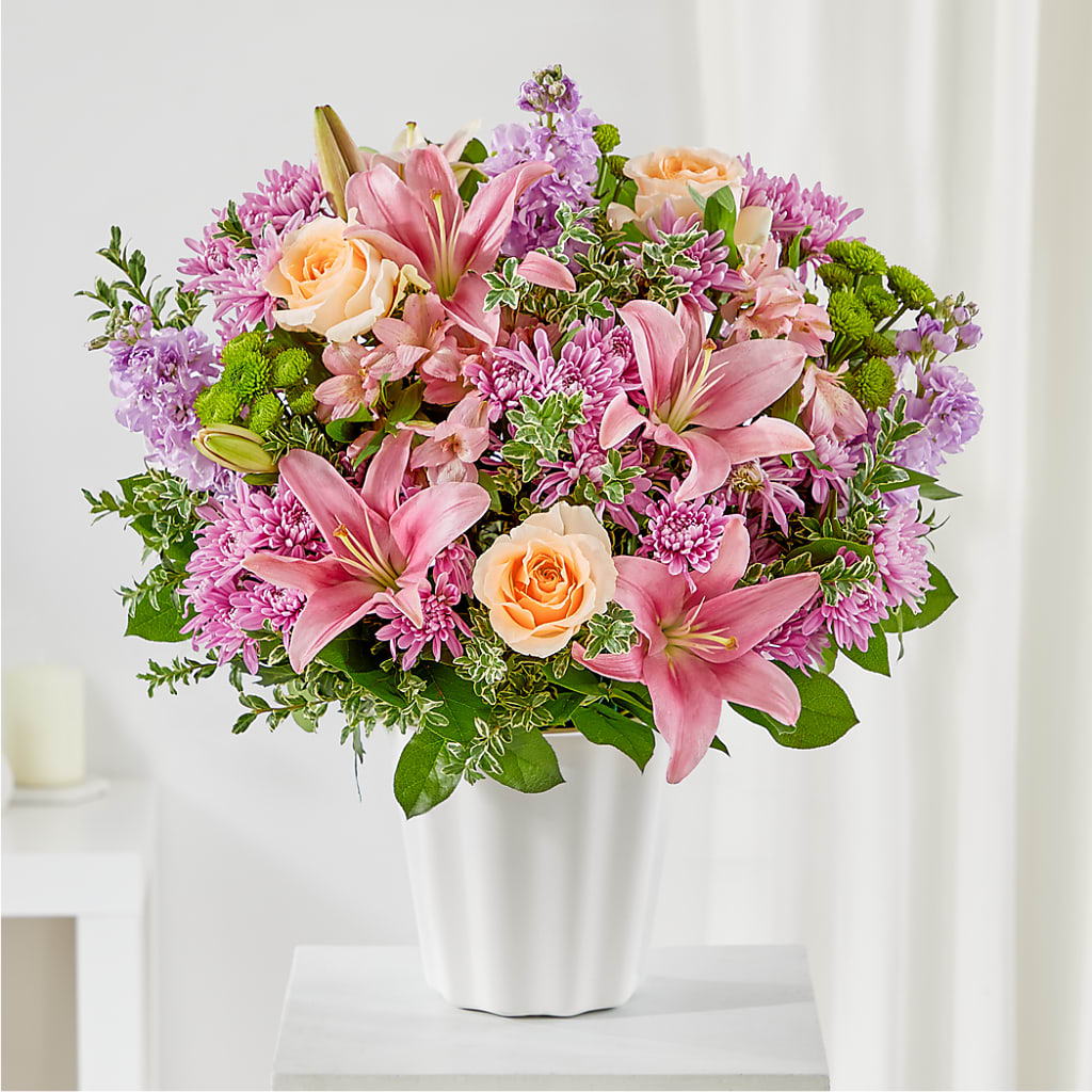 Supportive Embrace Tabletop Basket – White Lilies N Paradise, Kokomo IN