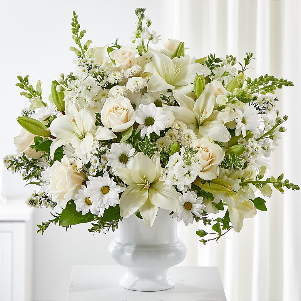 Uplifting Urn Arrangement – White Lilies N Paradise, Kokomo IN