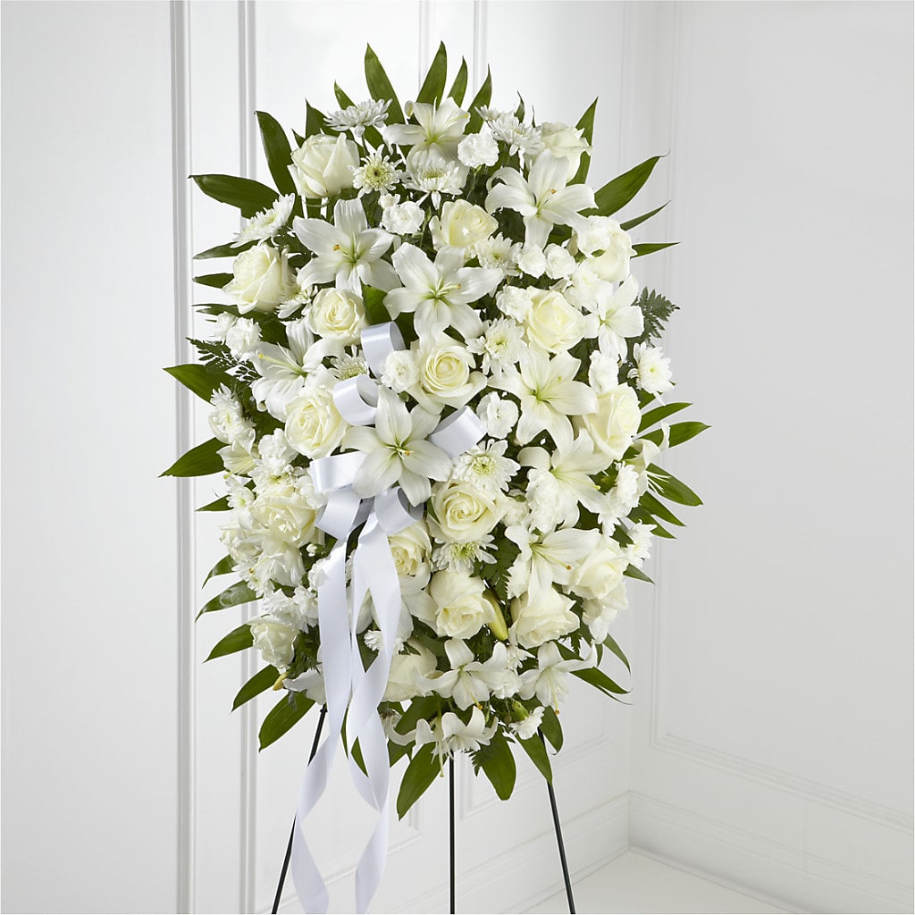 Exquisite Tribute Standing Spray-White Ribbon – White Lilies N Paradise, Kokomo IN