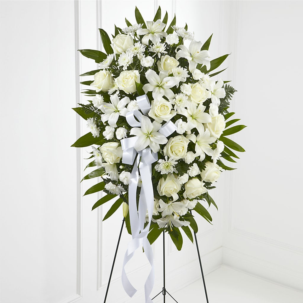 Exquisite Tribute Standing Spray-White Ribbon – White Lilies N Paradise, Kokomo IN