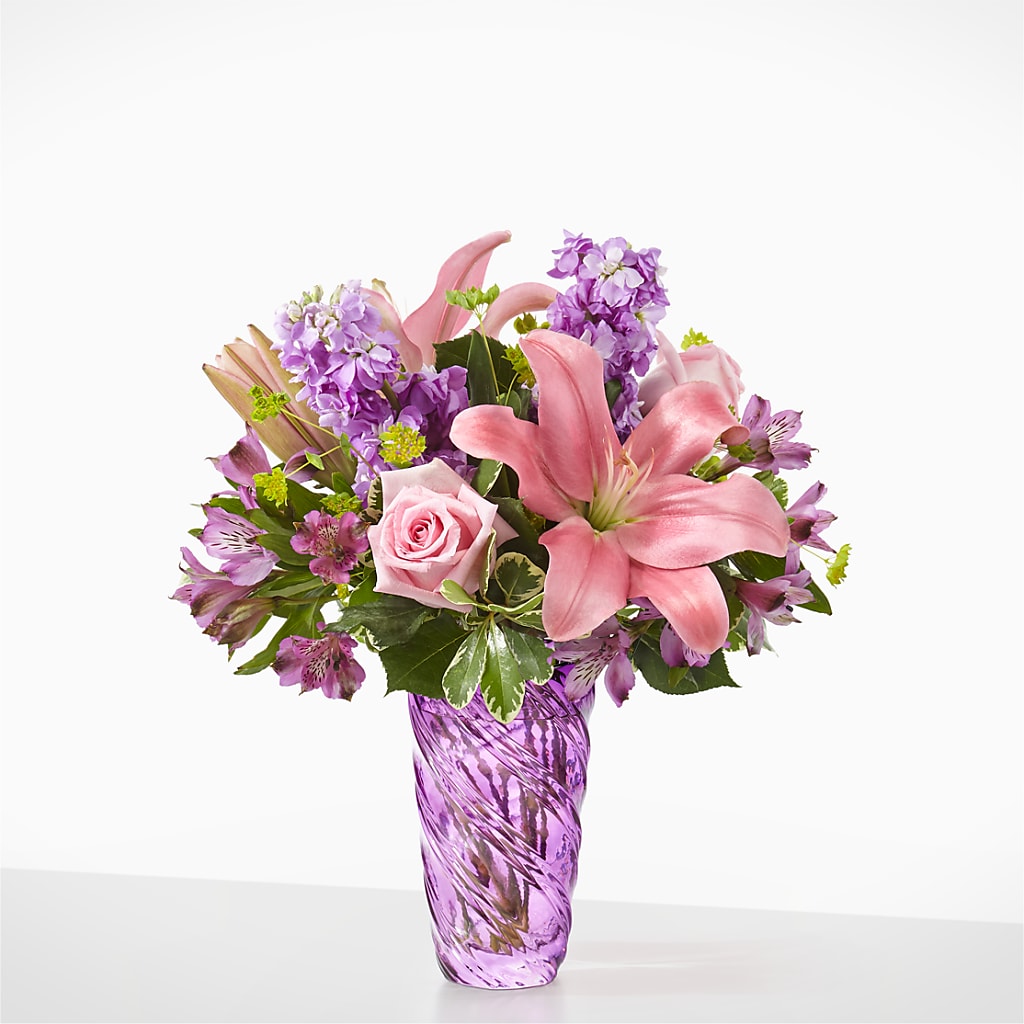 Precious Petals Bouquet with Luxe Swirl Vase – White Lilies N Paradise, Kokomo IN