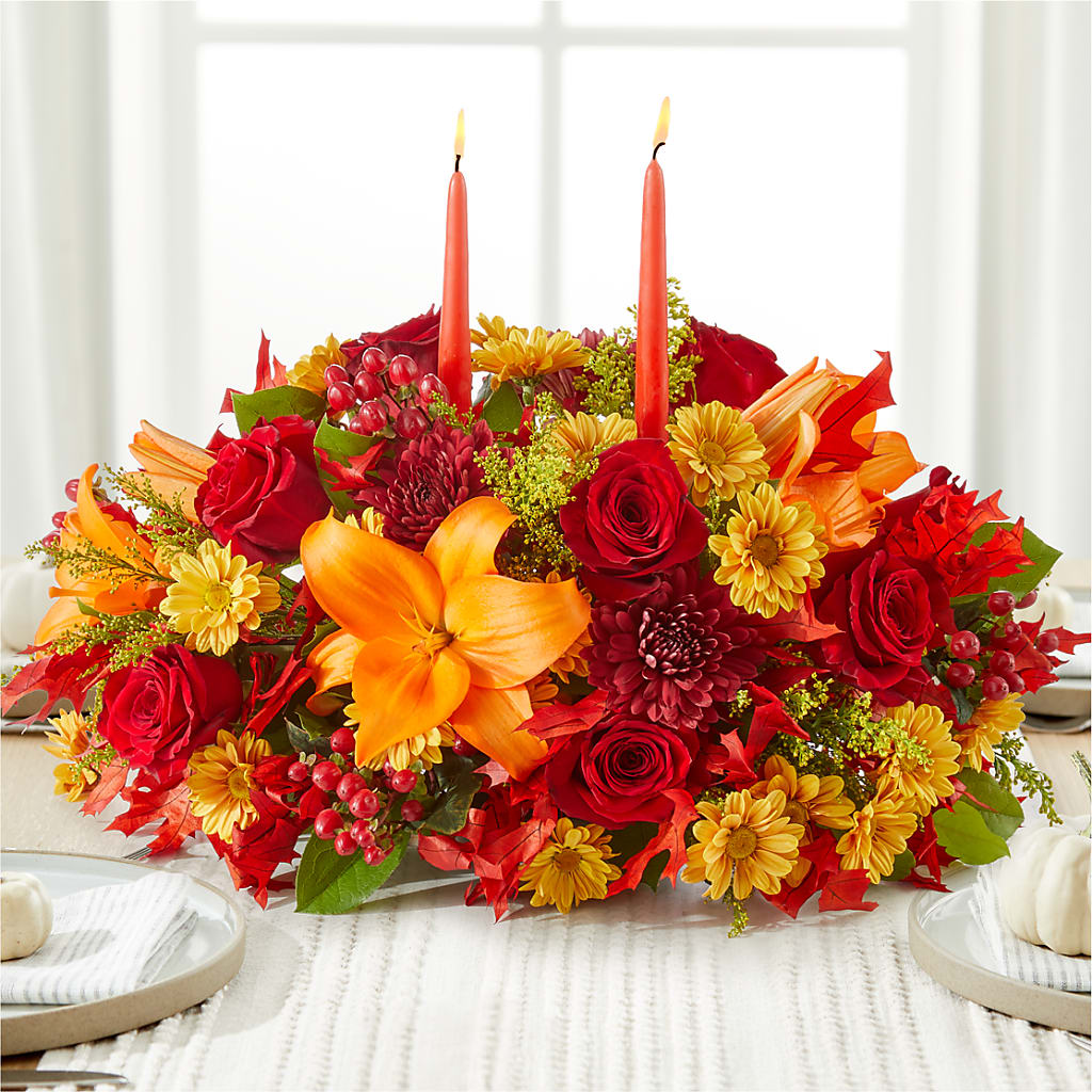 Autumn's Embrace Centerpiece – White Lilies N Paradise, Kokomo IN