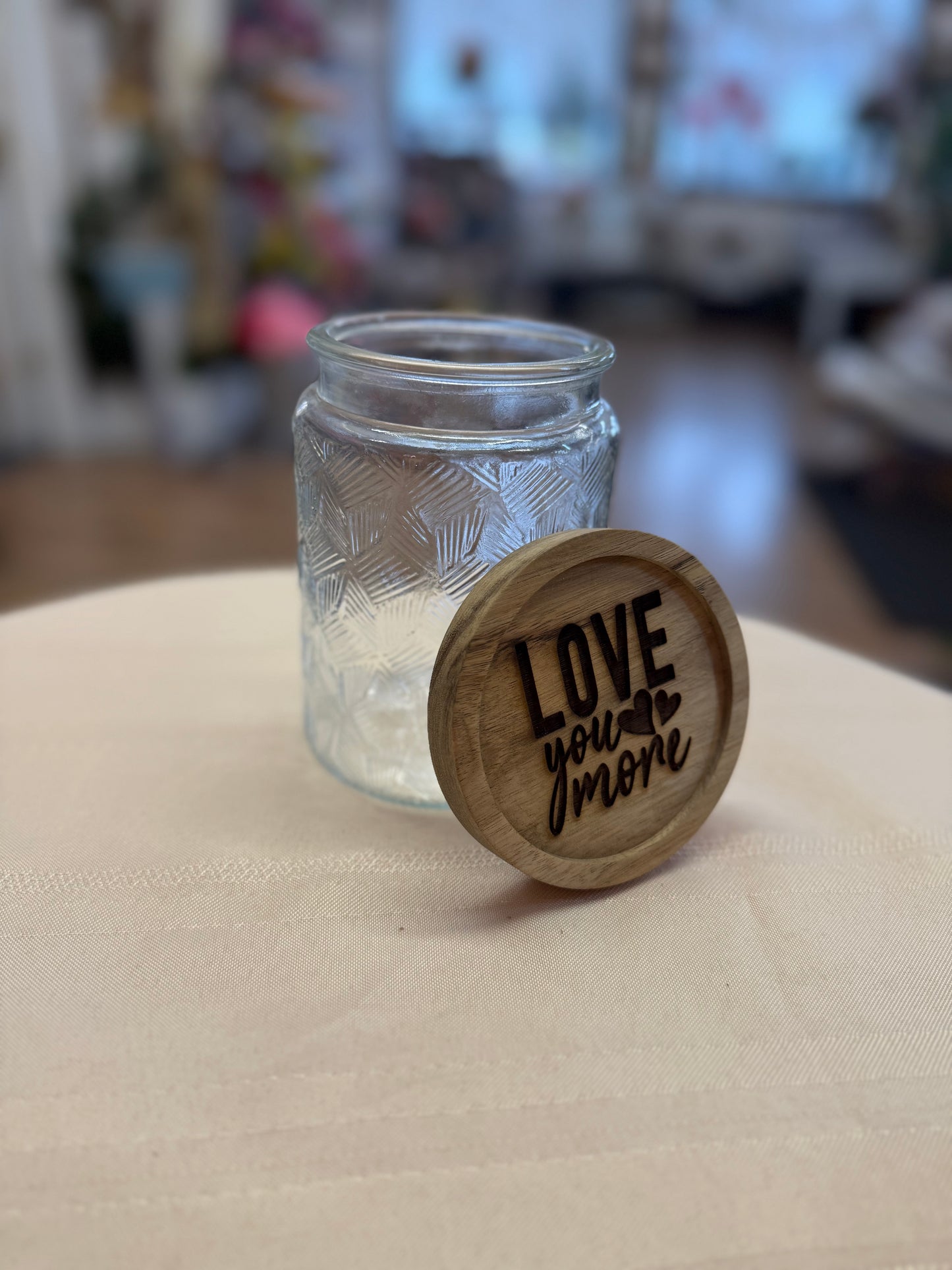Modern Clear Keepsake Jar + Customized Wood Engraved Lid (replaces vase shown)