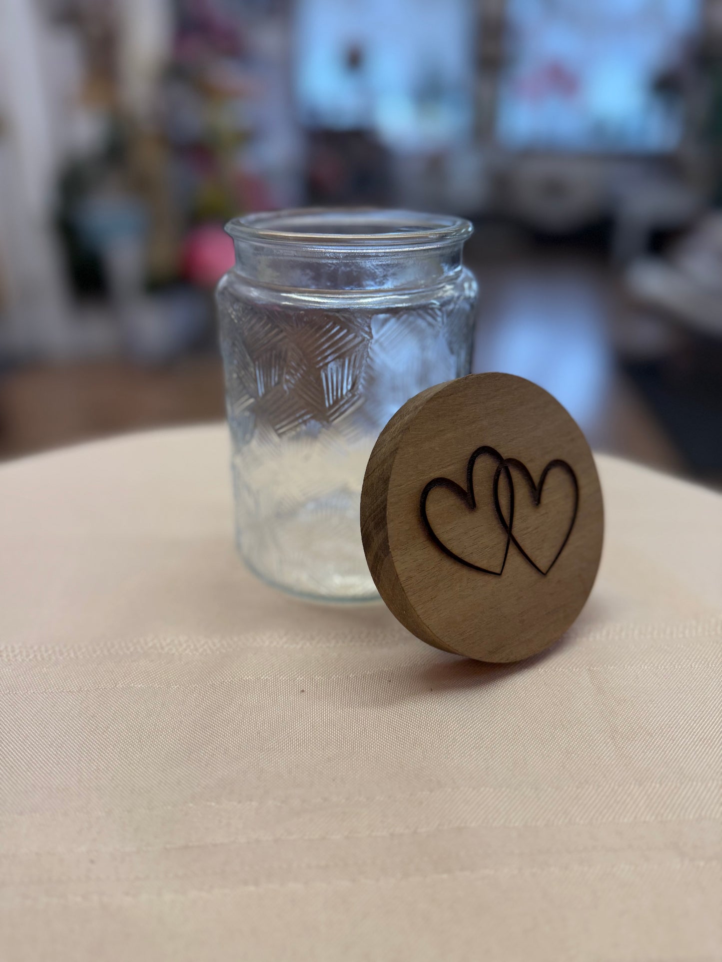 Modern Clear Keepsake Jar + Customized Wood Engraved Lid (replaces vase shown)