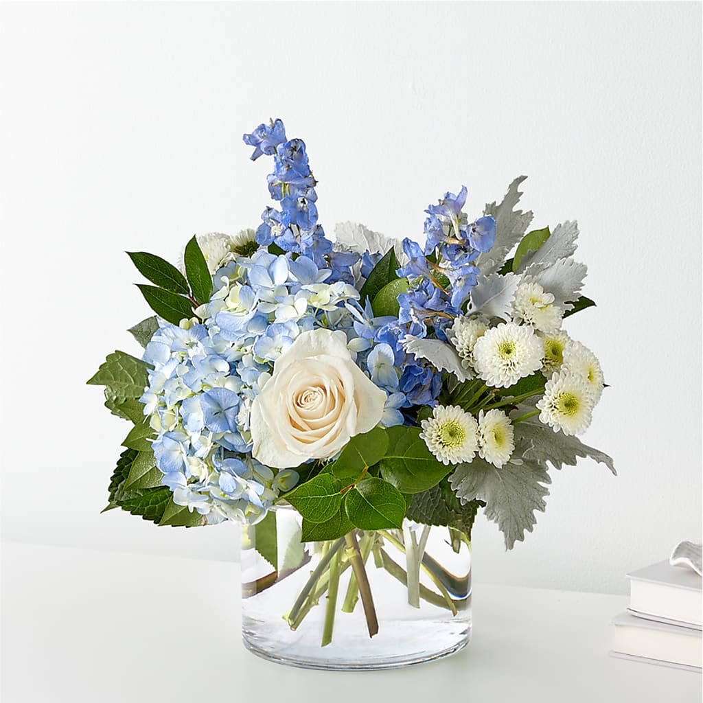 Clear Skies Bouquet – blue, white flower arrangement | Kokomo, IN