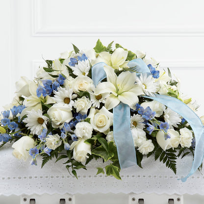 Tender Treasure Casket Spray –  White Lilies N Paradise, Kokomo IN
