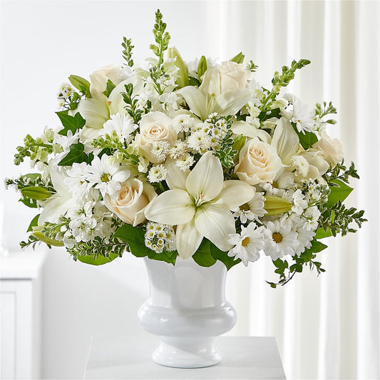 Uplifting Urn Arrangement –  White Lilies N Paradise, Kokomo IN