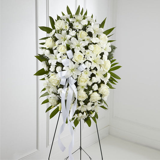 Exquisite Tribute Standing Spray-White Ribbon –  White Lilies N Paradise, Kokomo IN